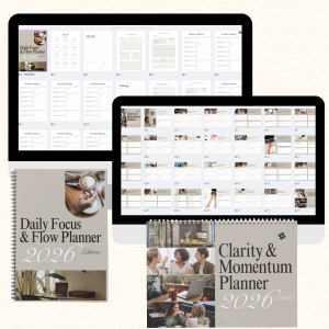 Digital Planner Bundle for 2026: <br> 1. Clarity & Momentum 12 month Planner <br> 2. Daily Focus & Flow Diary